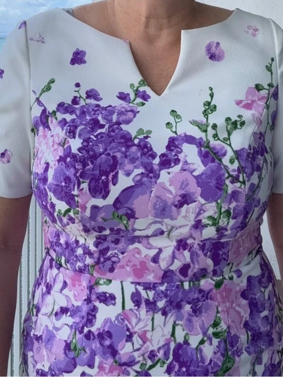 Adrianna Papell Floral Sheath Dress Size 6 White Purple Wedding Guest - Picture 5 of 7